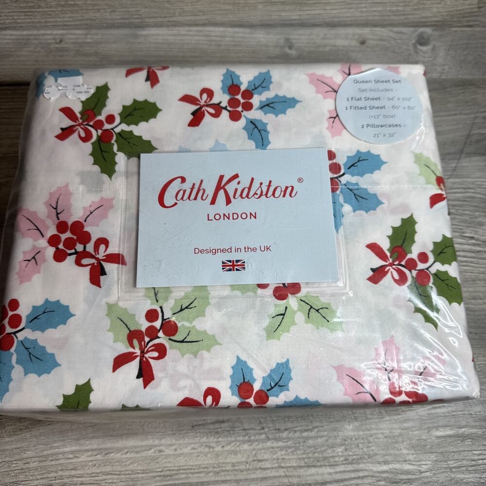 NEW Cath Kidston London Christmas Holly Queen Sheet Set 4pc Holiday Cozy White
